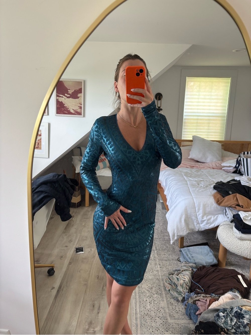 BCBGMaxAzria Teal Long Sleeve V-Neck Sequin Dress